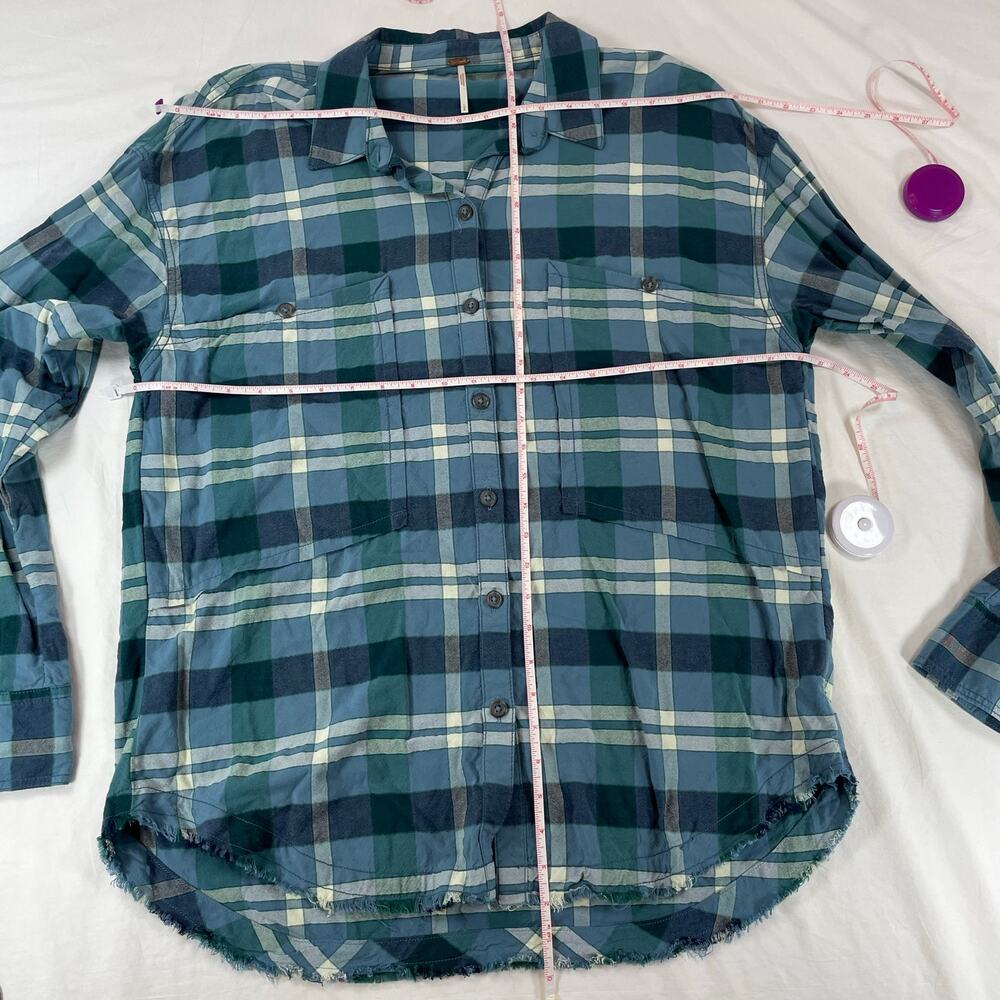 Free People Blue Plaid Raw Hem Oversized Flannel Button Down Top Large Women - Picture 7 of 7